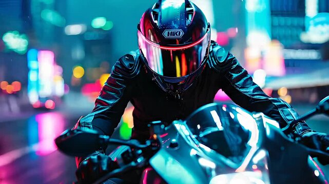 Front view of a biker rider travelling fast against a neo-lit street