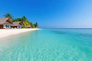 Fototapeta premium A serene tropical beach with clear turquoise water and lush palm trees, perfect for relaxation and vacation inspiration.