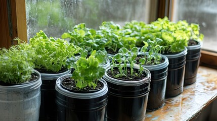 A row of potted plants growing near a window