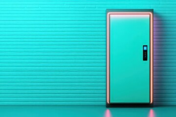 A vibrant teal door stands against a textured wall, illuminated by soft neon lights, creating a modern and stylish ambiance.