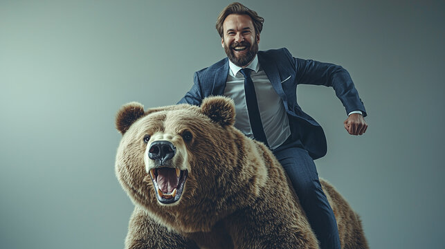 Riding the Bear Market: A confident businessman in a suit, riding a roaring bear, against a serene backdrop. This image evokes a sense of audacity, resilience, and overcoming challenges in the face of