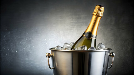 Champagne bottle in a silver cooler bucket, celebration, luxury, alcohol, drink, party, festive, cold, silver, isolated