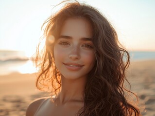 A radiant and captivating young woman with sun kissed skin and windblown hair standing on a serene