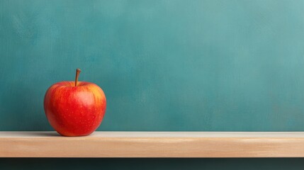 A vibrant red apple positioned on a wooden shelf against a teal backdrop, creating a striking visual contrast.