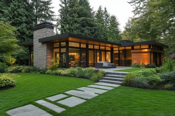 Fototapeta premium Modern home surrounded by lush greenery and landscaping.