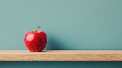 A vibrant red apple rests on a wooden shelf against a muted teal wall, showcasing simplicity and freshness.
