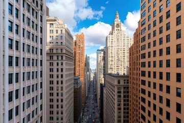 Obraz premium Capture a long shot of a bustling cityscape, showcasing diverse architecture and multicultural elements, with hints of financial districts and tax-related symbols