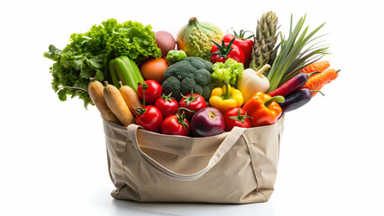 A bag of fresh produce including fruits and vegetables on a clean white background, fresh, produce, vegetables, fruits