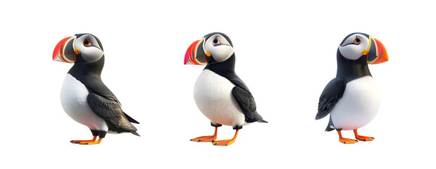 Puffin Collection with Colorful Beak on Transparent Background