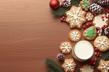 Christmas cookies and milk, festive table, flat design illustration