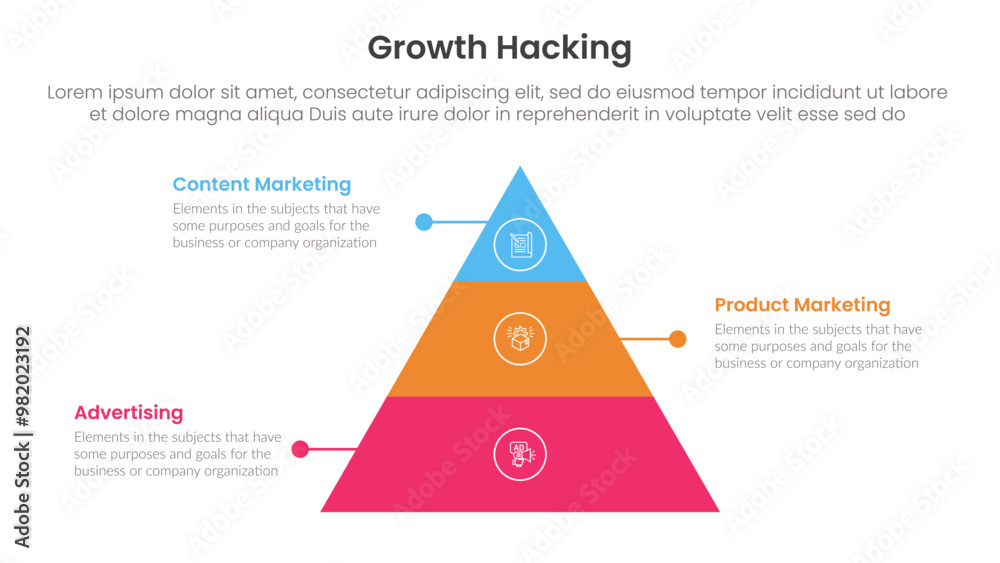 Poster growth hacking infographic 3 point with pyramid shape structure with dot line for slide presentation