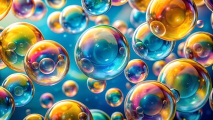 Blue and Golden Soap Bubbles with Reflective Surfaces Creating Luxurious Ambiance