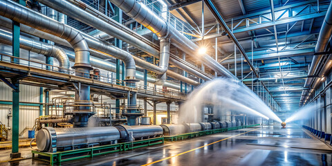 Factory with many pipes and a large water spraying machine, industrial, manufacturing, machinery, production