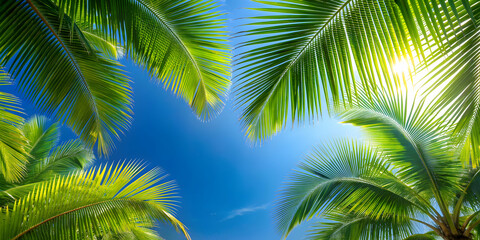 Fototapeta premium Tropical palm tree leaves against a clear blue sky, tropical, palm tree, leaves, green, vibrant, exotic, nature