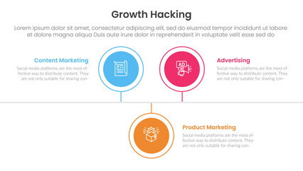 growth hacking infographic 3 point with circle timeline right direction up and down for slide presentation