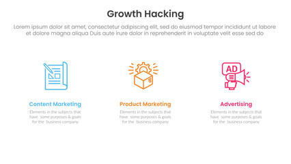growth hacking infographic 3 point with clean and simple information on horizontal direction for slide presentation