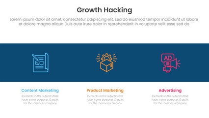 growth hacking infographic 3 point with icon in black horizontal background for slide presentation