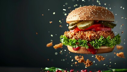 Midair view of a delicious crispy chicken burger with lettuce tomato and pickles