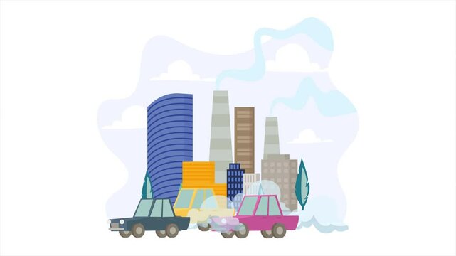 Illustration of a cityscape urban pollution with cars emitting smoke animated video