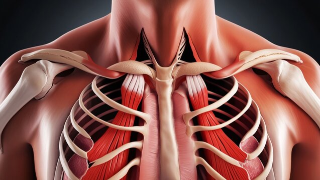 A macroscopic look at the chest, with ribs and intercostal muscles visibly shifting with each breath