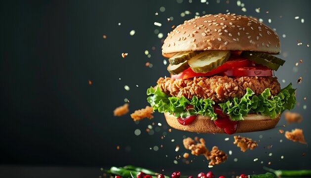 Midair view of a delicious crispy chicken burger with lettuce tomato and pickles