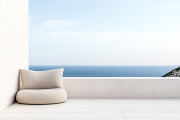 Tranquil terrace overlooking the ocean with a cozy cushion seat inviting relaxation on a sunny day