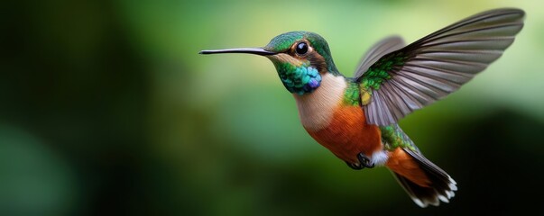Fototapeta premium Craft a close-up image of a hummingbird in mid-flight, frozen in time to unveil its shimmering iridescent feathers using a mix of CG 3D and photorealistic techniques