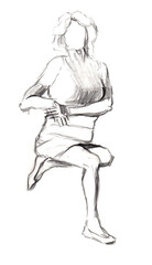 Pencil sketch of a woman on a white background. He sits on one knee, his elbow rests on the chair. Chaotic lines, strokes. School of Arts.