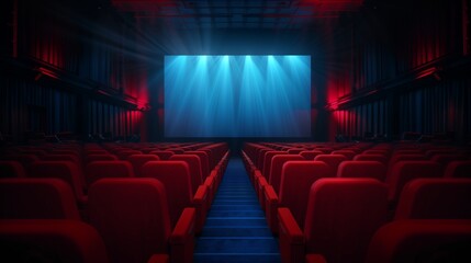 Fototapeta premium Empty Movie Theater with Red Seats and Blue Spotlight on Screen - Perfect for Film Promotion and Cinema Design