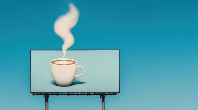 Creative billboard shaped like a giant coffee cup pouring steam, dynamic and eye-catching outdoor advertisement