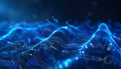 Blue luminous undulating digital landscape with glowing network connections