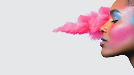 A woman with pink and blue makeup on her face. The makeup is very colorful and the woman's face is covered in it