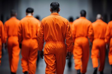 Group of prisoners in orange jumpsuits walking in line, under heavy surveillance, emphasizing control and structure