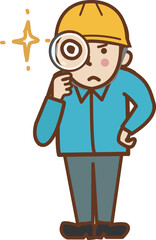 虫眼鏡を持つ、帽子をかぶった作業員の男性。