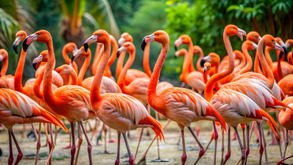 Naklejka premium A flock of vibrant pink flamingos standing in the bird park, flamingos, birds, pink, vibrant, flock, animals, wildlife