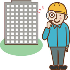 ビルの前で虫眼鏡を持つ、帽子をかぶった作業員の男性。