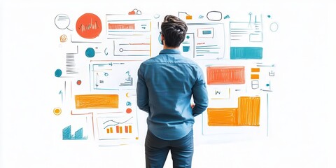 Man standing and analyzing digital data on a whiteboard. Concept for data analysis, project management, and business strategy.