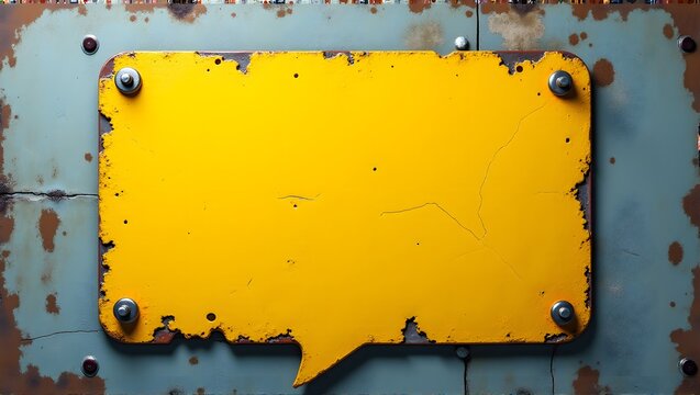 Yellow metal speech bubble signs bolted to rusted, decayed blue surfaces - Powered by Adobe
