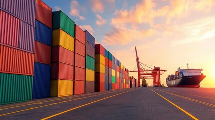 Fototapeta premium Long shot of a bustling shipping port at sunrise