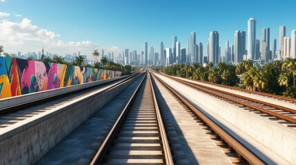 Fototapeta premium Panoramic skyline over a metropolitan area, busy highways with colorful street art on elevated tracks, 3D CGI rendering, meticulous textures, and intricate architectural details