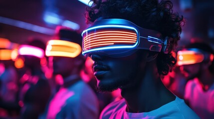 Fototapeta premium Partygoers with futuristic LED visors dancing at a sci-fi themed rave, neon beams creating an otherworldly scene, sci-fi rave, futuristic nightlife