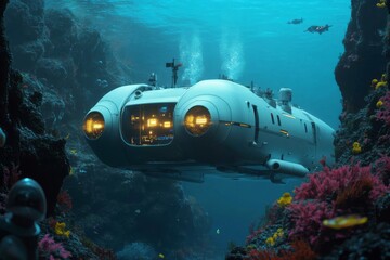 An underwater research station studying marine life with advanced robotic submarines