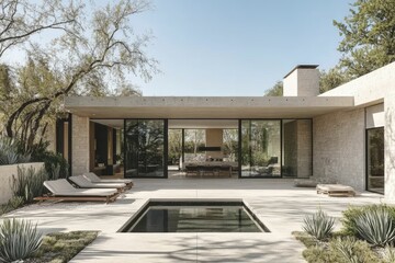 Fototapeta premium Modern house with minimalist design and pool area.