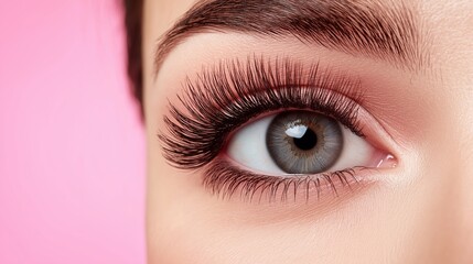 Fototapeta premium A woman with long eyelashes and a grey eye. The eye is surrounded by a pink background