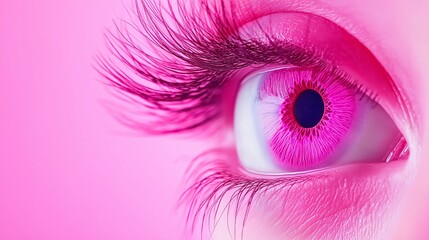 A close up of a woman's eye with pink lashes and a pink iris. The eye is surrounded by a pink background