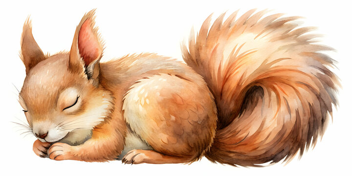 Cute sleeping squirrel in watercolor for nursery art decoration, squirrel, sleeping, cute, watercolor,nursery, art, decoration