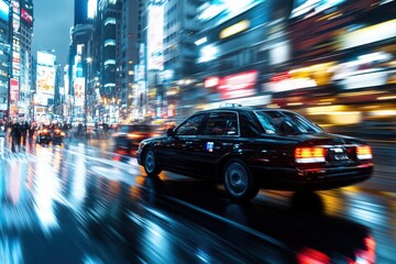 Fototapeta premium Tilted angle view, vibrant cityscape, sleek black ride-hailing car in motion, street lights glowing, early evening, photorealistic, slight motion blur for dynamic effect