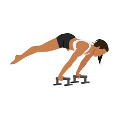 Young woman doing perfect straddle planche with Push up Bars. Flat vector illustration isolated on white background