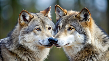 Obraz premium Beautiful stock photo of two wolves showing affection towards each other in the wild, wolves, love, affection, animals, nature