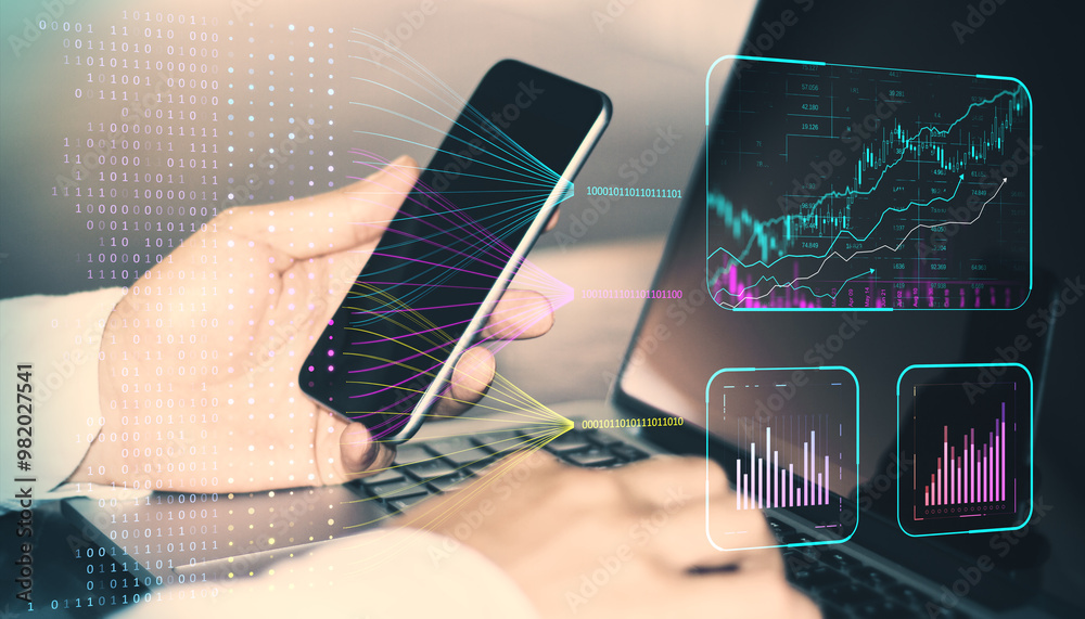 Poster Close up of male hands using cellphone and laptop keyboard with creative glowing business chart and ai binary code nodes on blurry background. Virtual marketing and finance concept. Double exposure.